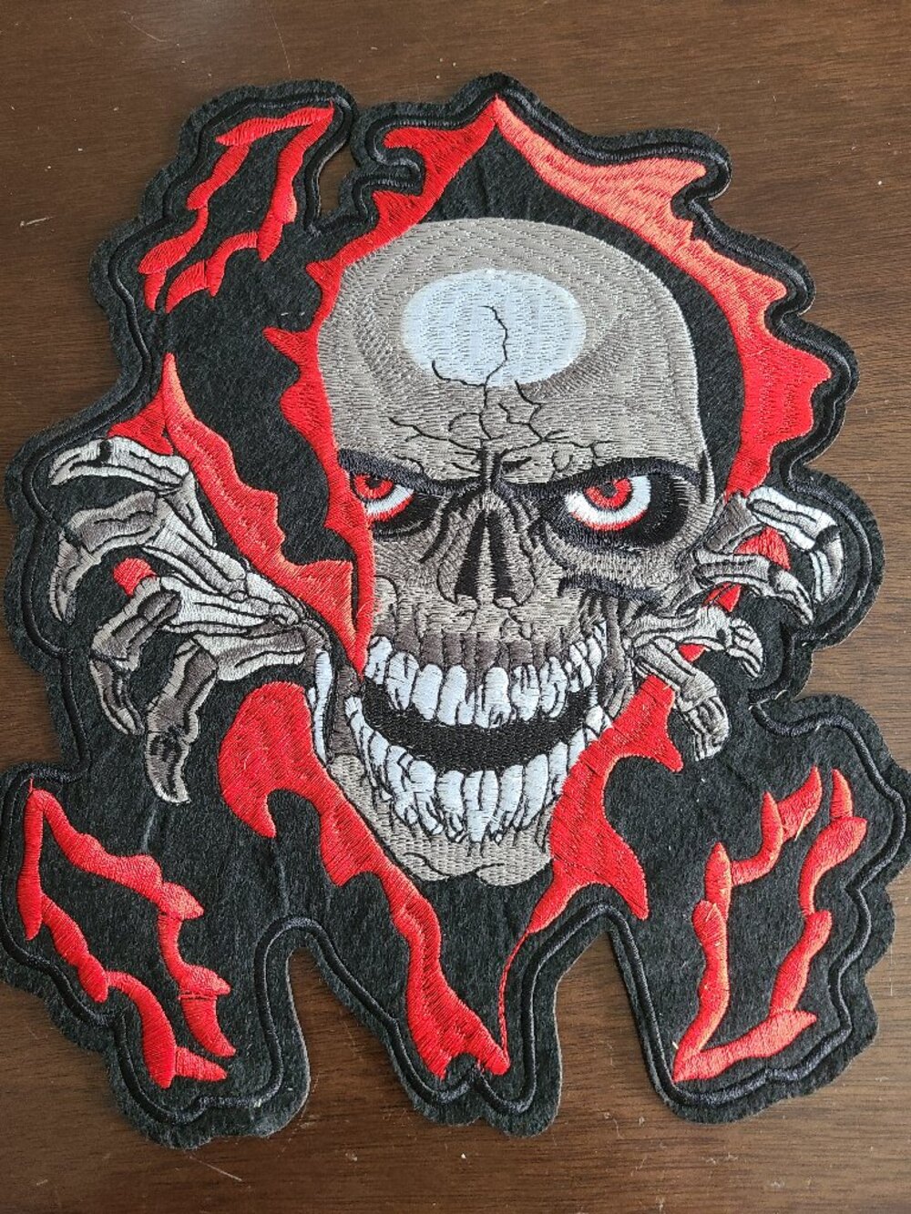 Large Flaming Skull Skeleton Hands Red Flames Embroidered Back Patch NEW